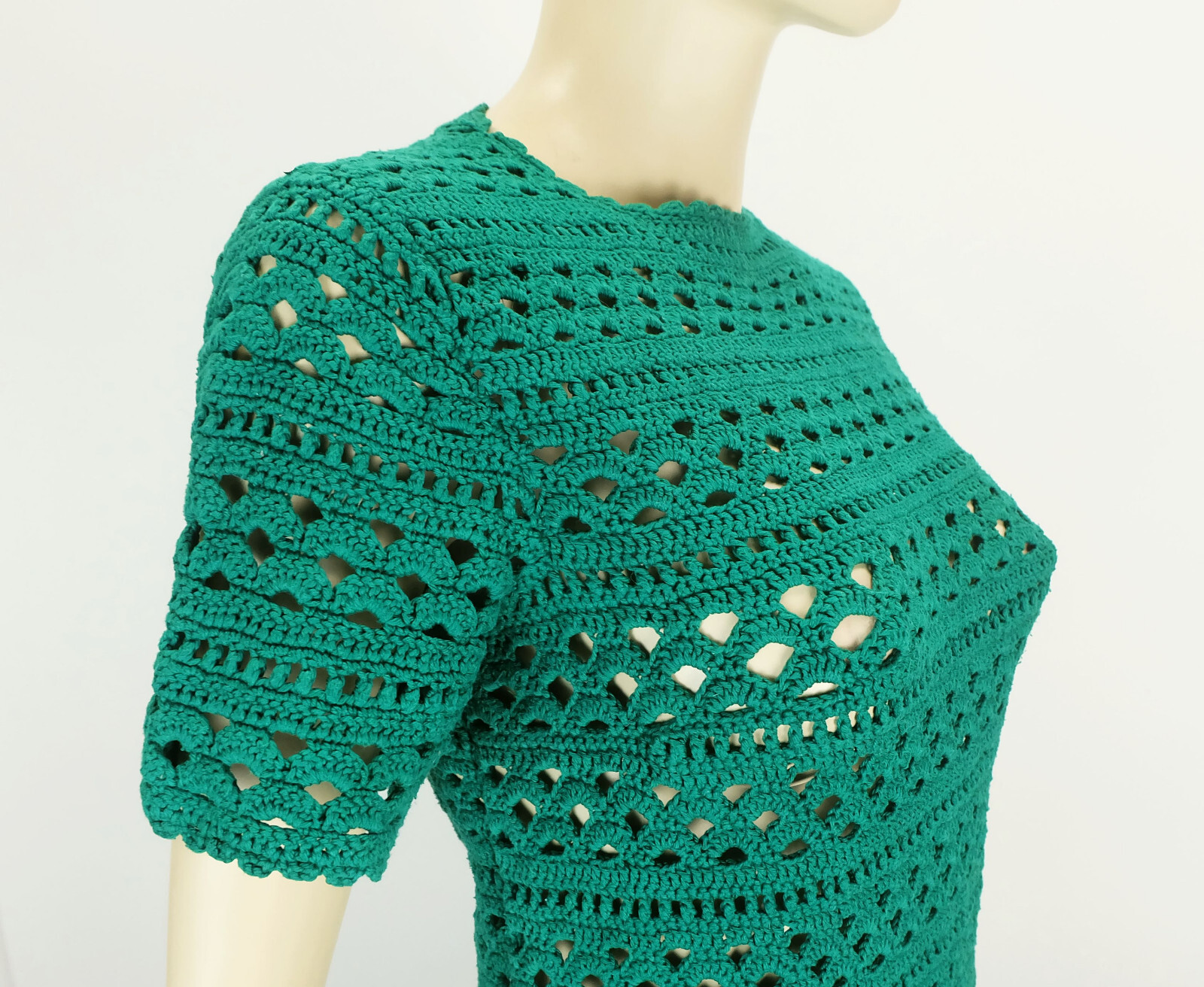 Original 1960s True Vintage Green Crochet Dress Hand Crochet Size M Cotton