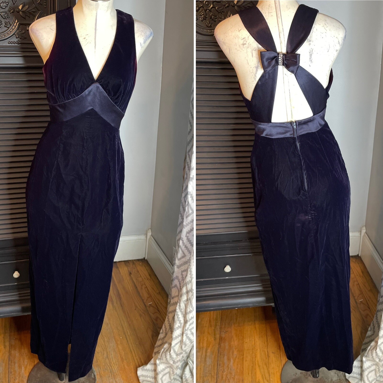 90s Vintage De Laru Linda Bernell Velvet Gown Front Slit Bow Rhinestone 5/6