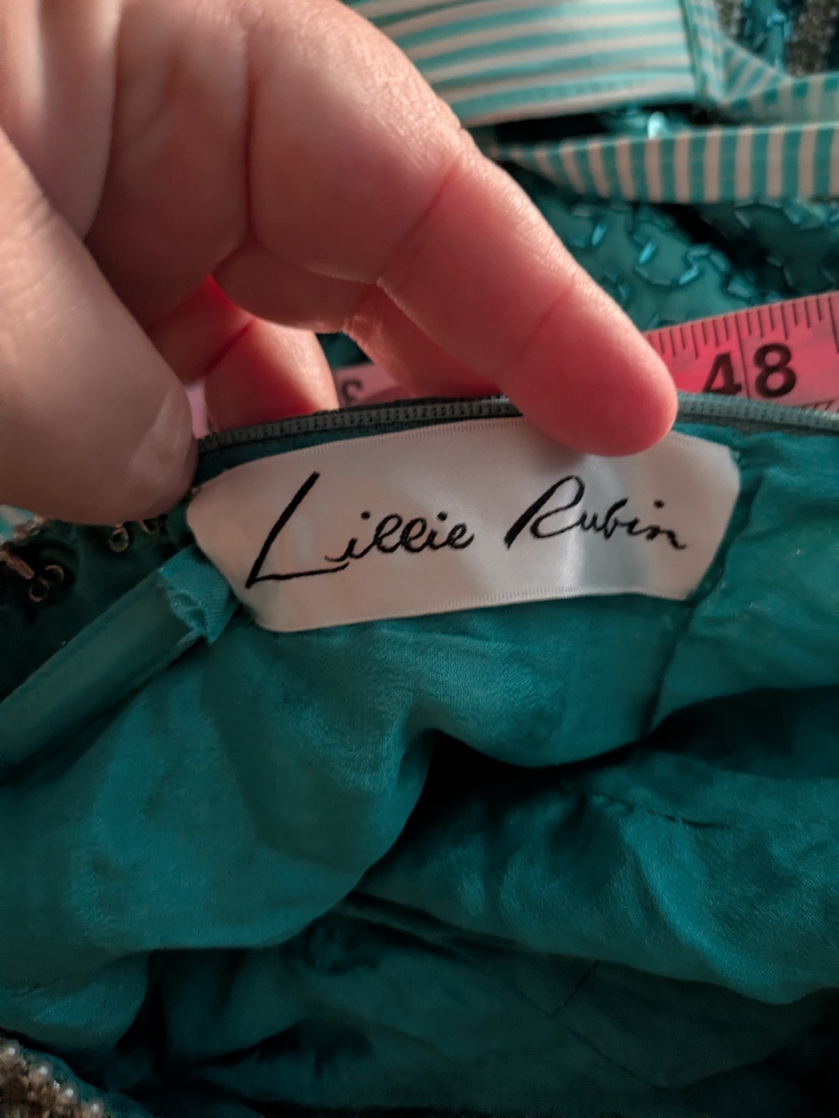 Vintage Naeem Khan Lillie Rubin Ladies L Silver Aqua Beaded Sequin Gown Long Slv