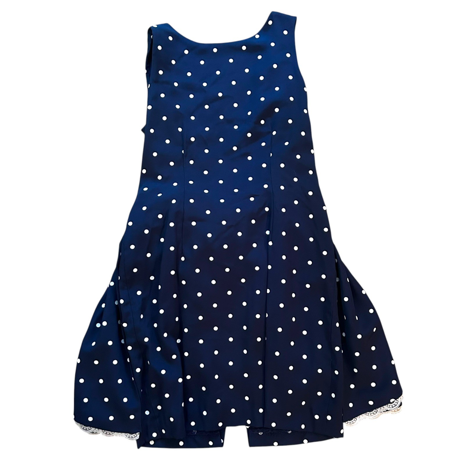Vintage 1980s 1990s Polka Dot Dress Navy Blue Bow Lace Trussel Size XS or S
