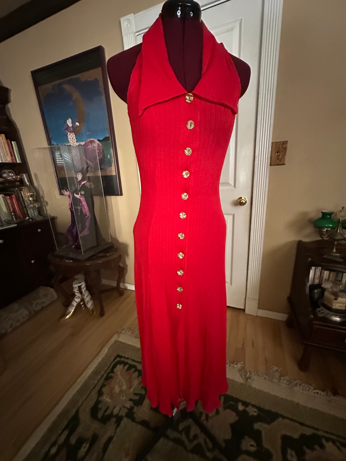 Vintage 100% Cotton Womens Button Front Maxi Dress Red Classic Sundress XS