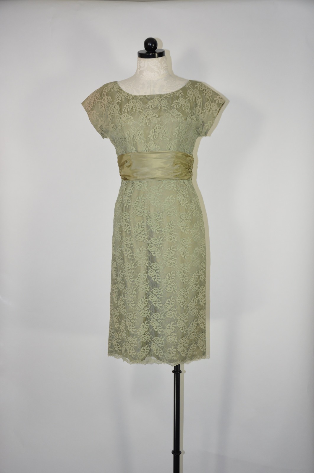 60s Vintage Sage Green Floral Lace Midi Sheath Wiggle Cocktail Dress Women XS S