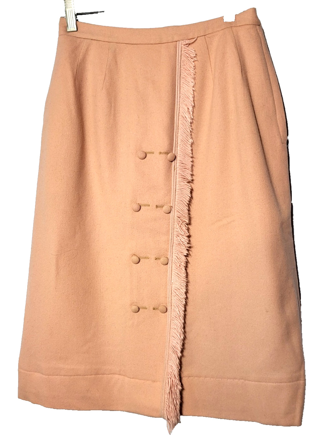 VTG Talbott Wool Pink Faux Button Fringe Front Pencil Skirt Side Zip Small 60’s