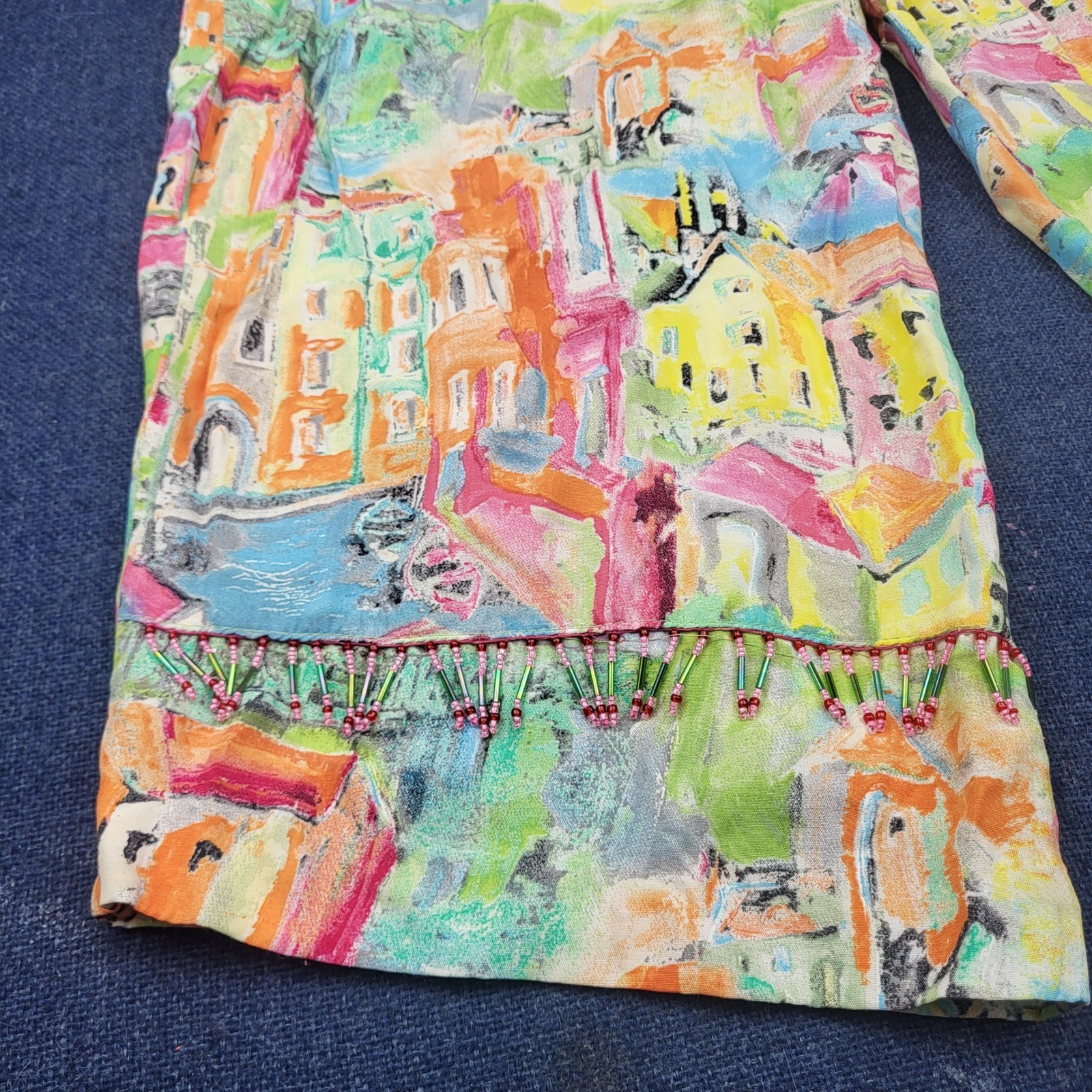 Sea Suns Vintage Village Print Beaded Hem Wide Leg Rayon Pants XL Made in USA