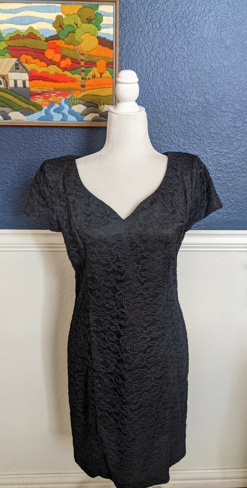 VTG Karen Lucas Collection Black Sheath Short Sleeve V-Neck Dress Sz 10 Medium M
