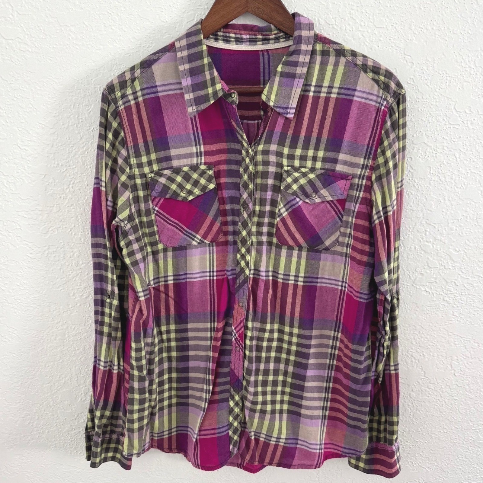 Y2K Arizona Jeans Plaid Snap Shirt Long Sleeve Women’s XL Western Granola