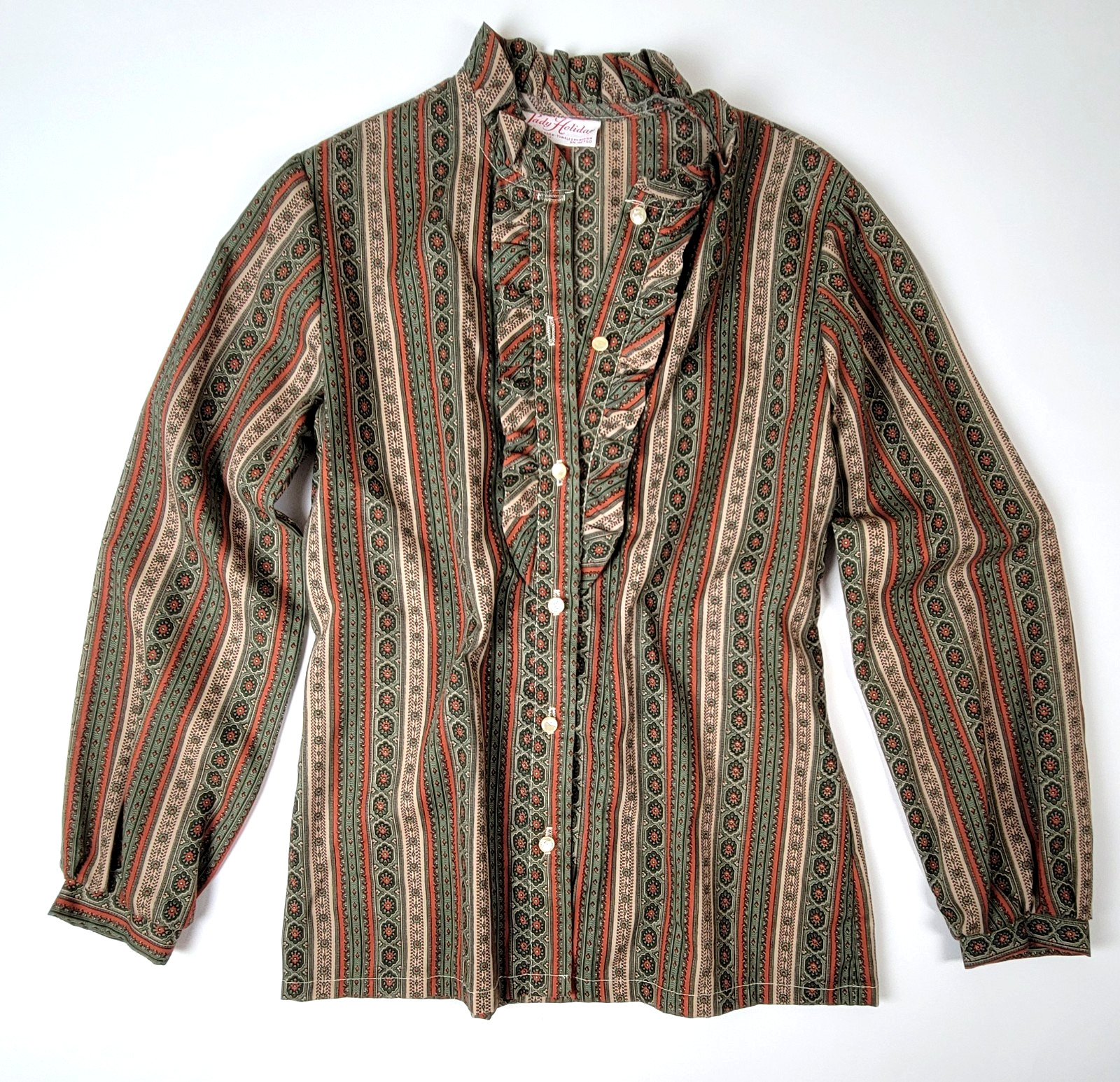 VTG ’70s Lady Holiday Button Shirt Size Small Paisley Print Ruffle Front