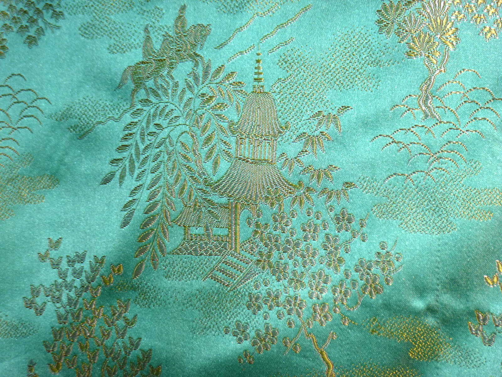 Vtg 40s 50s Aqua & Gold Satin Brocade Robe Dressing Gown Asian Motif Sz S/M
