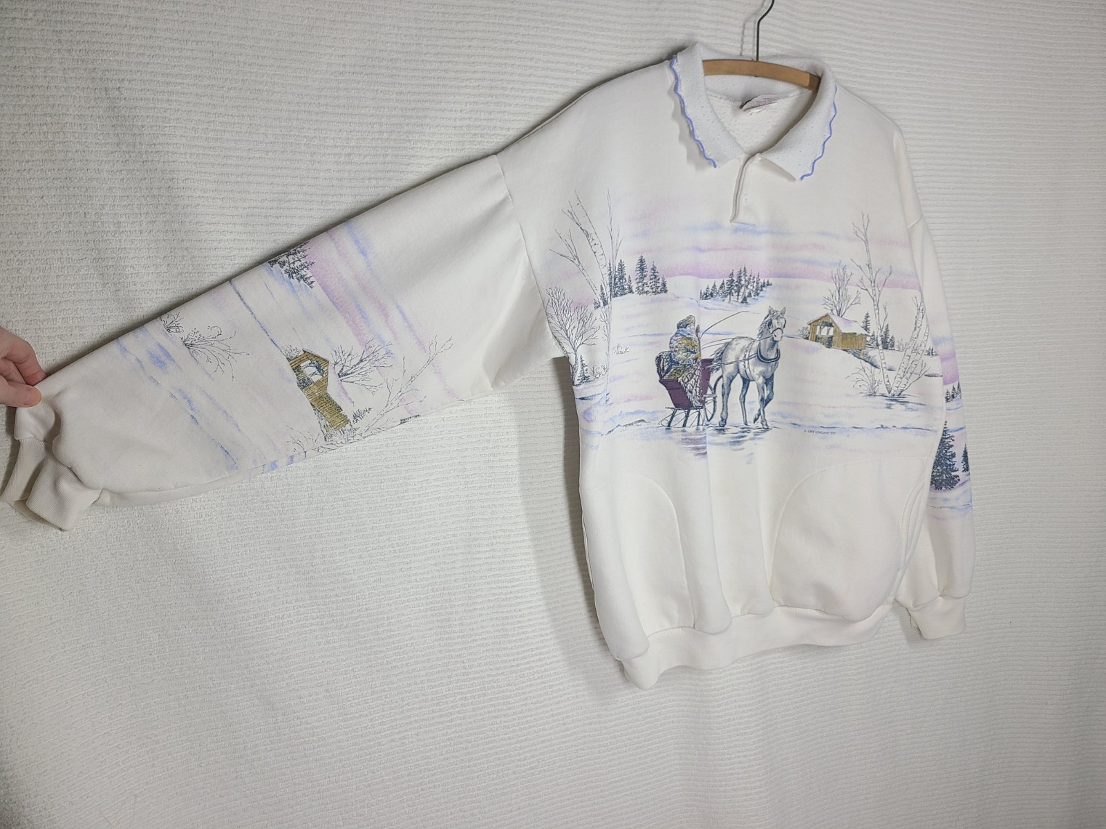 Art Unlimited 1990s Sweatshirt All Over Print Large Crochet Collar Grandma Slay
