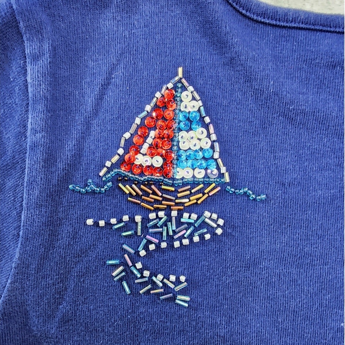 Vintage Quacker Factory Top Womens XS Blue Beaded Sequins Lighthouse Nautical