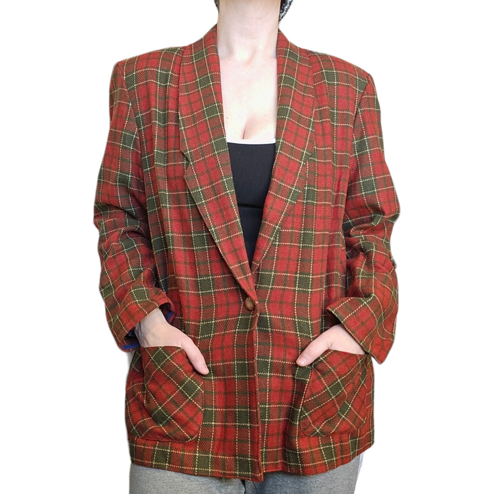 Vintage 70s Large Plaid Wool Blend Blazer Smoking Jacket Rust Orange Green