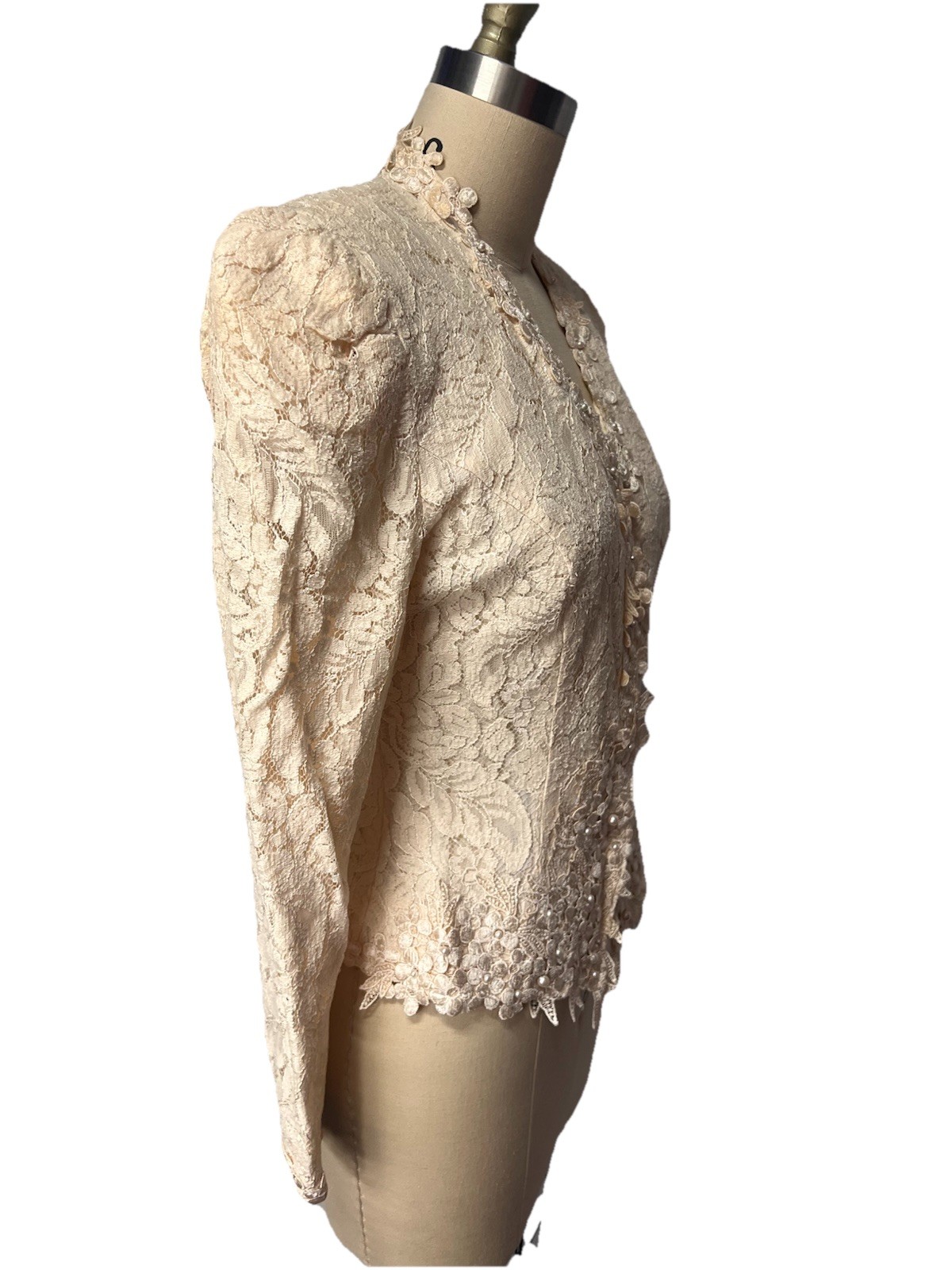 Vintage 80s Cachet by Bari Protas Ivory Fitted Lace Jacket w/ Pearls Size 9/10