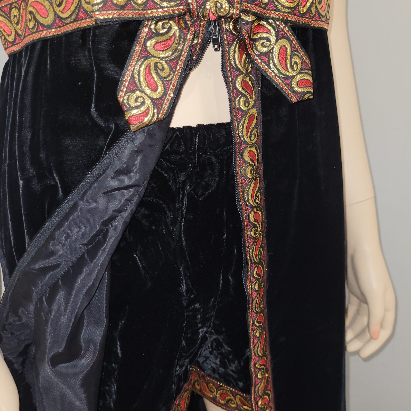Mod Vintage Black Velvet Hostess Dress With Shorts Red & Gold Paisley Trim 1960s