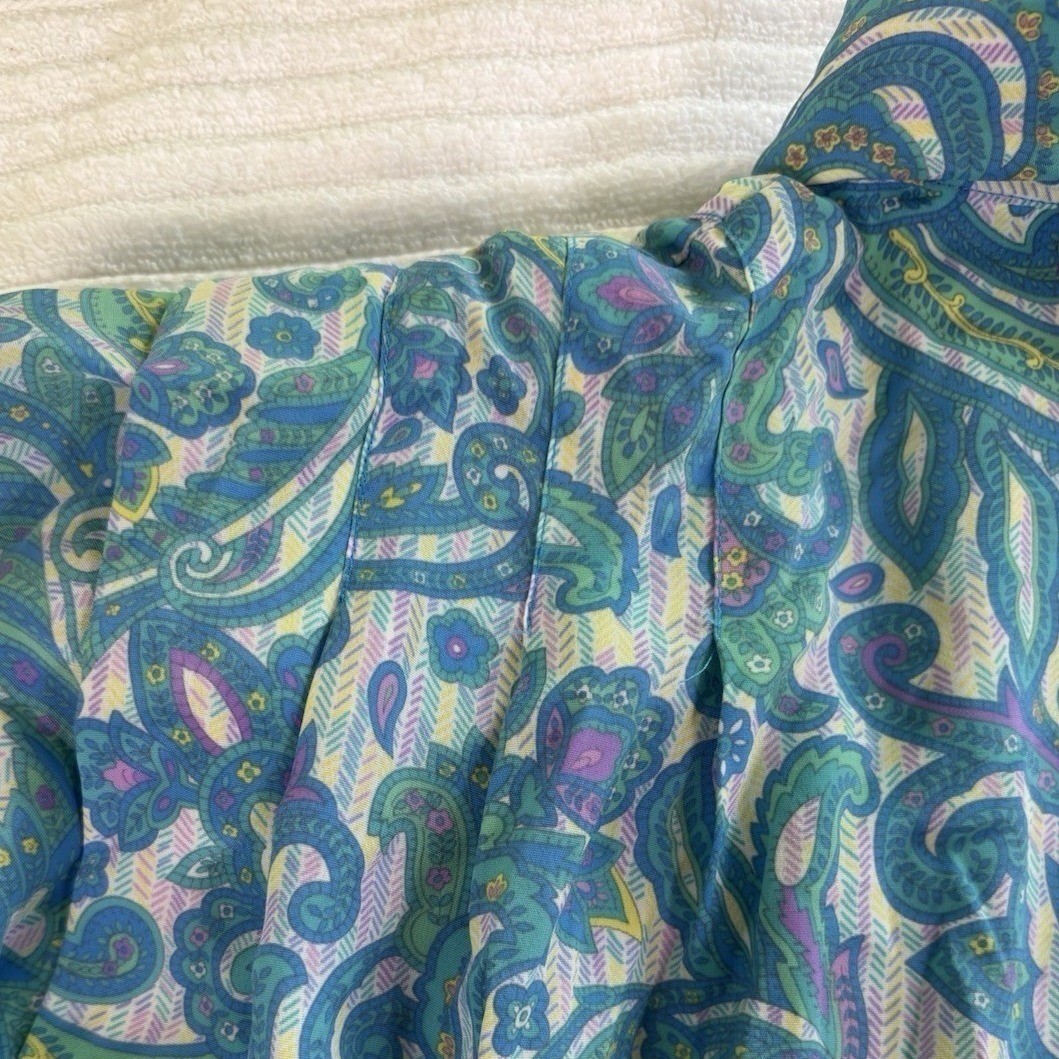 Schrader Vintage Paisley Midi Shirt Dress 8 Blue Green Pockets Button Front 80s