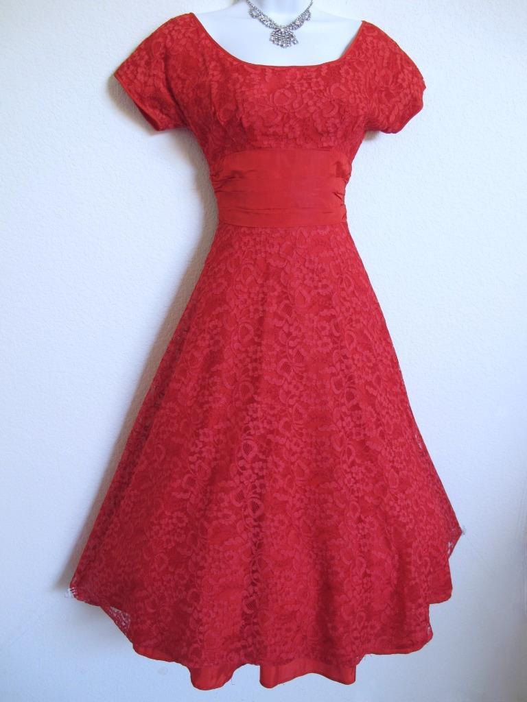 Vintage 50s Valentine Red Lace Party Dress XXS Full Skirt Bustle Back Wasp Waist