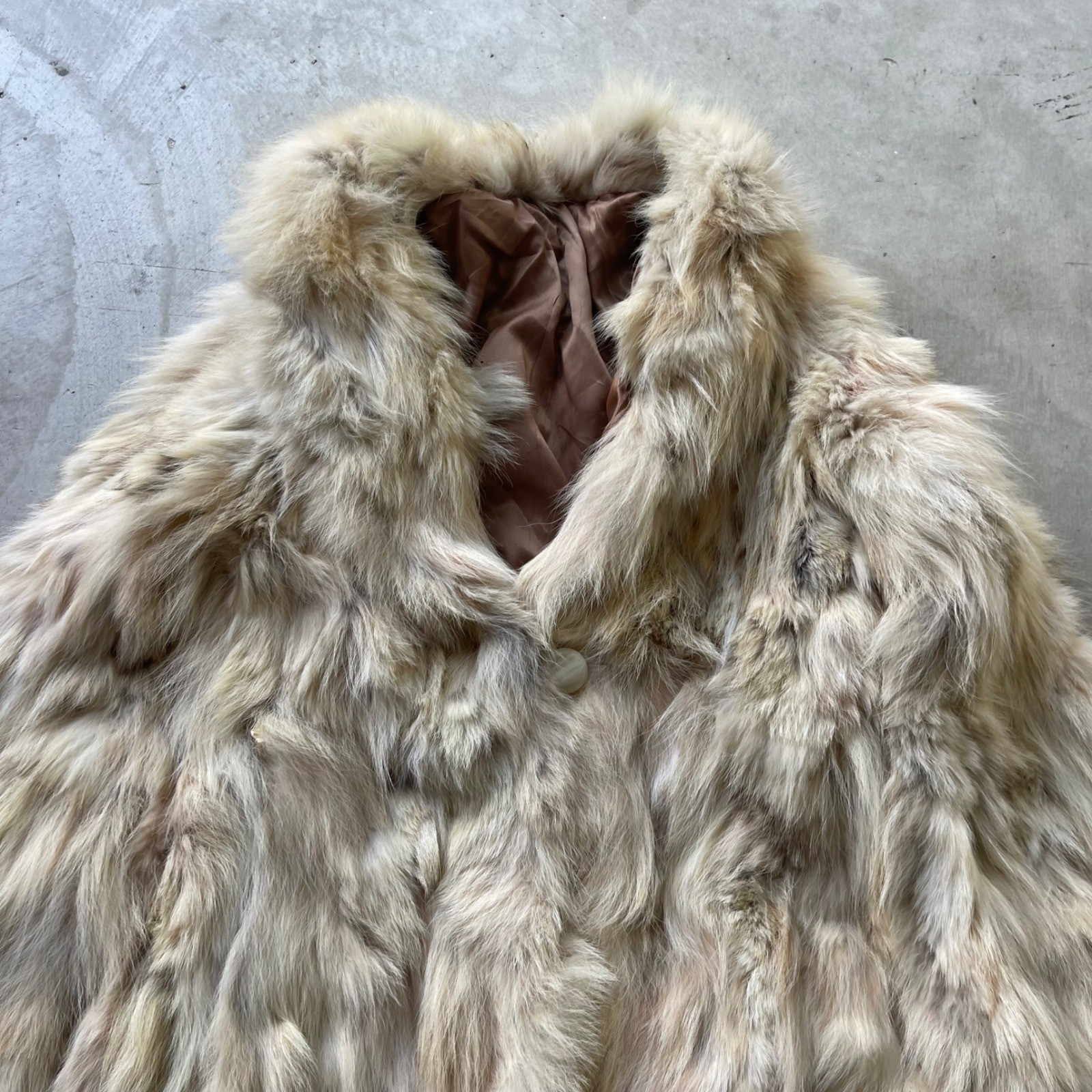 Vintage Genuine Fox Fur Coat Cream Tan Mid-Length Shawl Collar Distressed Flawed