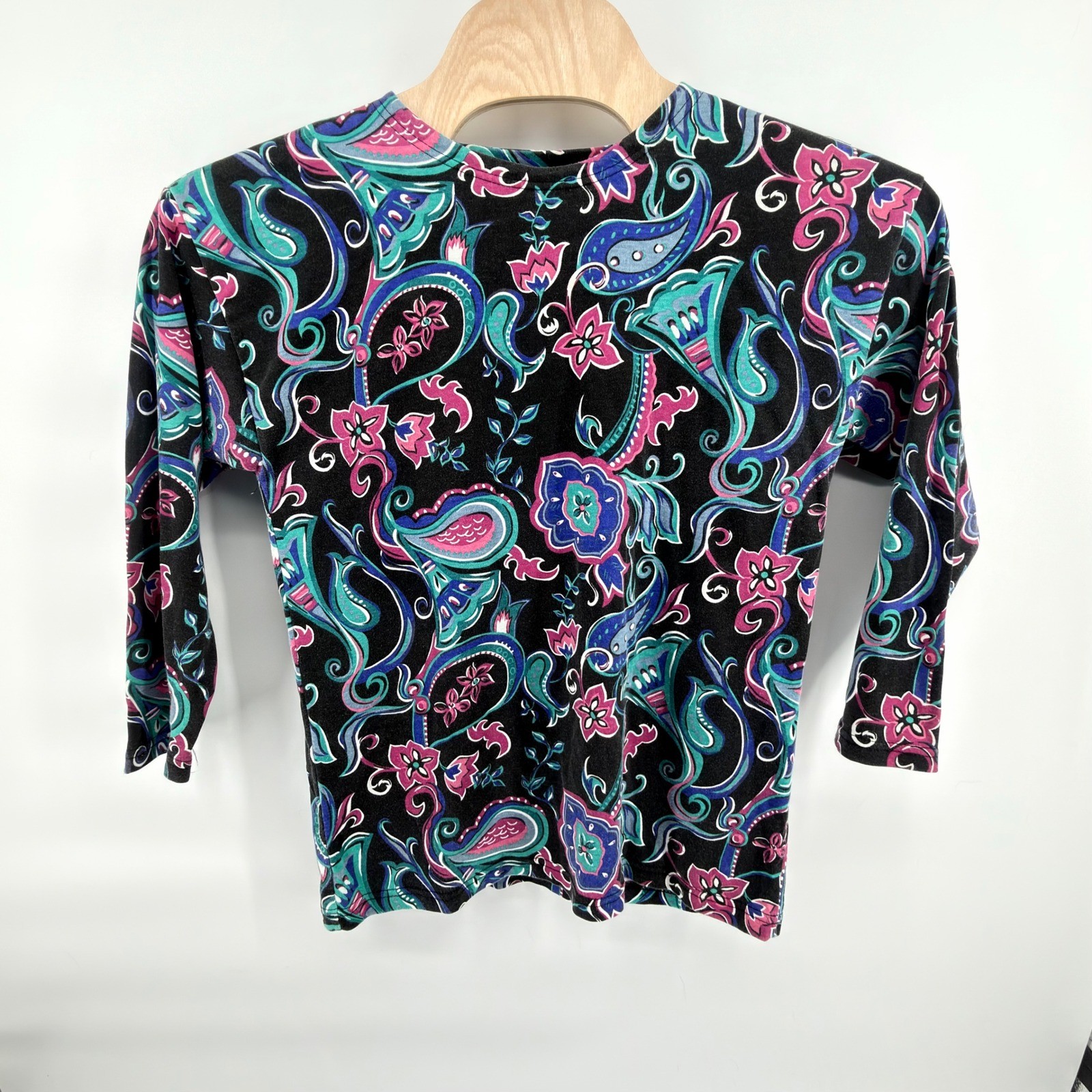 Vintage Forenza 80s Paisley Print Top 3/4 Sleeve Black Teal Pink Med Made in USA