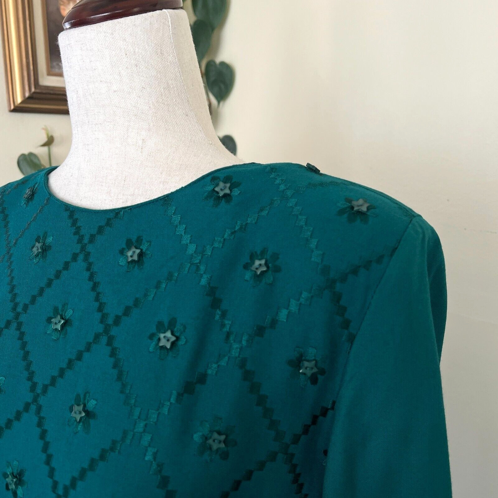 Sarah Elizabeth Long Sleeve Green Vintage Dress sz 12 Embroidered Made in India