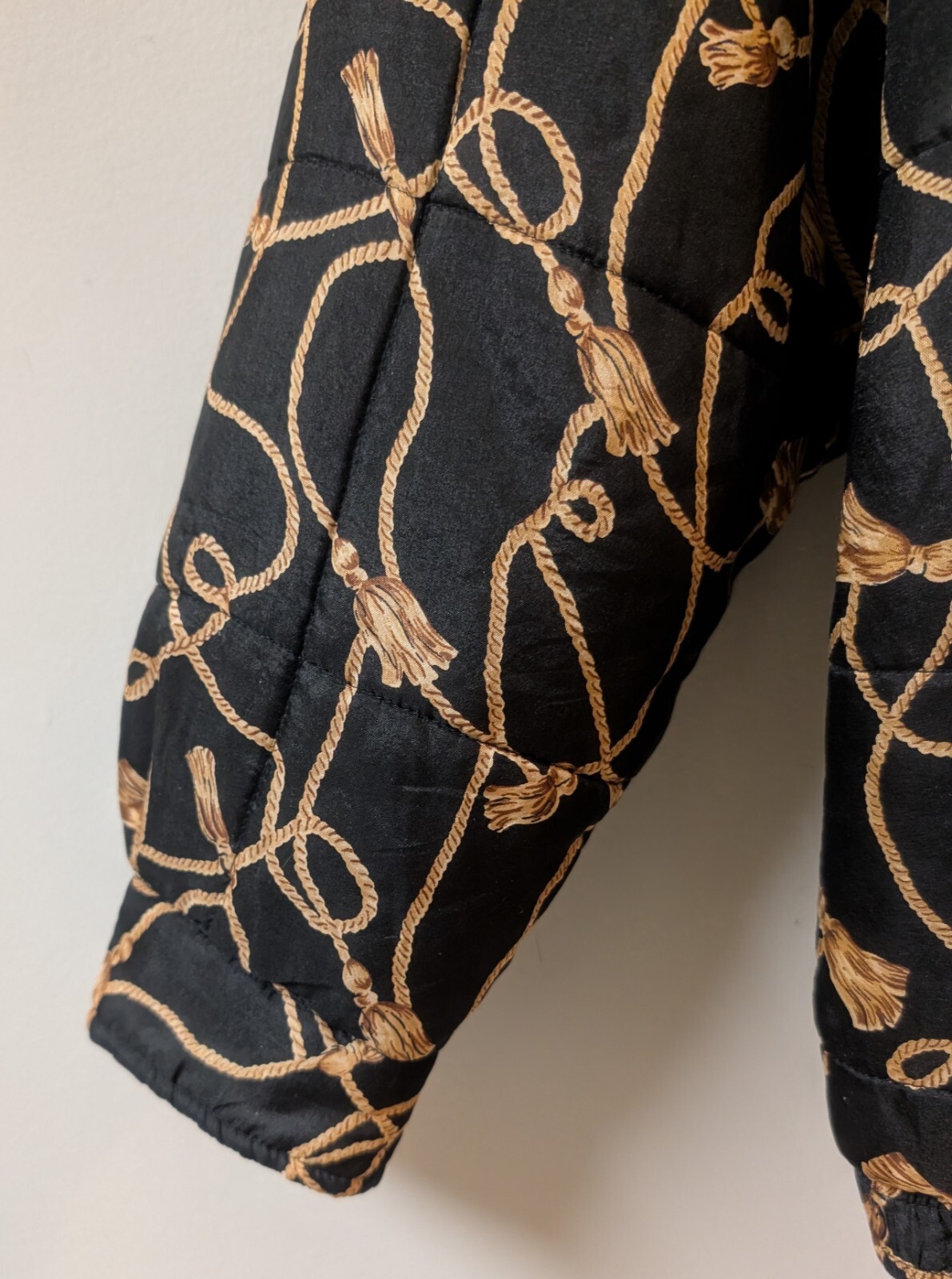 Vintage 80s 90s Women’s Silk Bomber Jacket Full Zip Pockets Tassels Rope XL