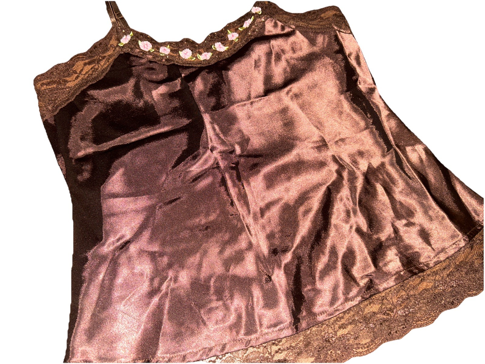 Vintage Y2K Deadstock One Step Up Satin Camisole Cami Top NWT Brown Rose Lace S