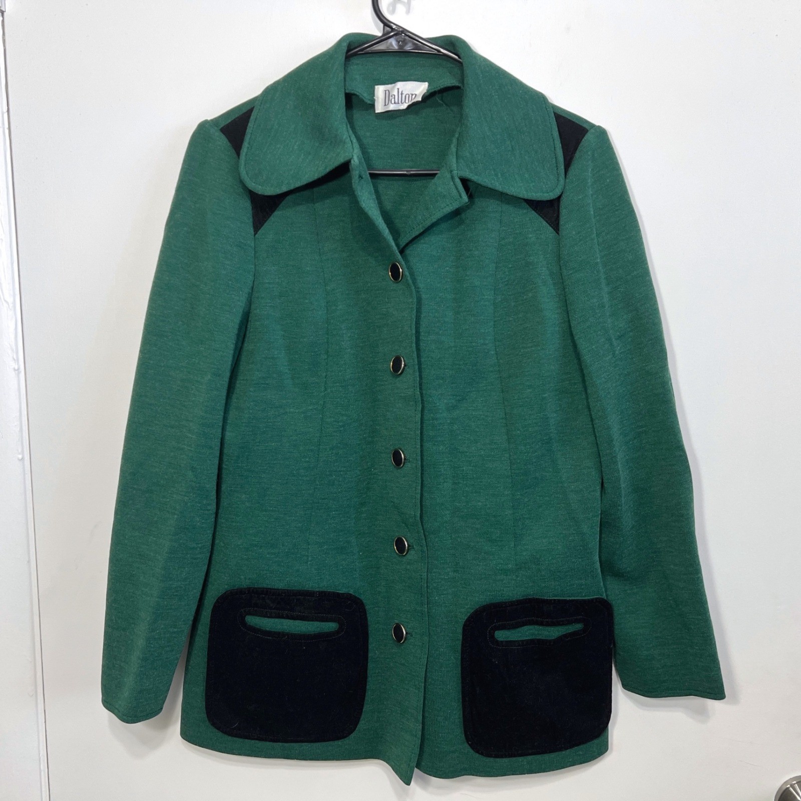1970s Dalton Blazer Jacket Womens 16 Green Vintage Knit Suede Trim Colorblock