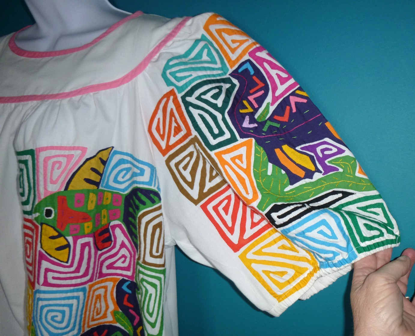 Vtg 70s Seds Crafts Mola Panama Reverse Applique Dress Fish Geckos One Size