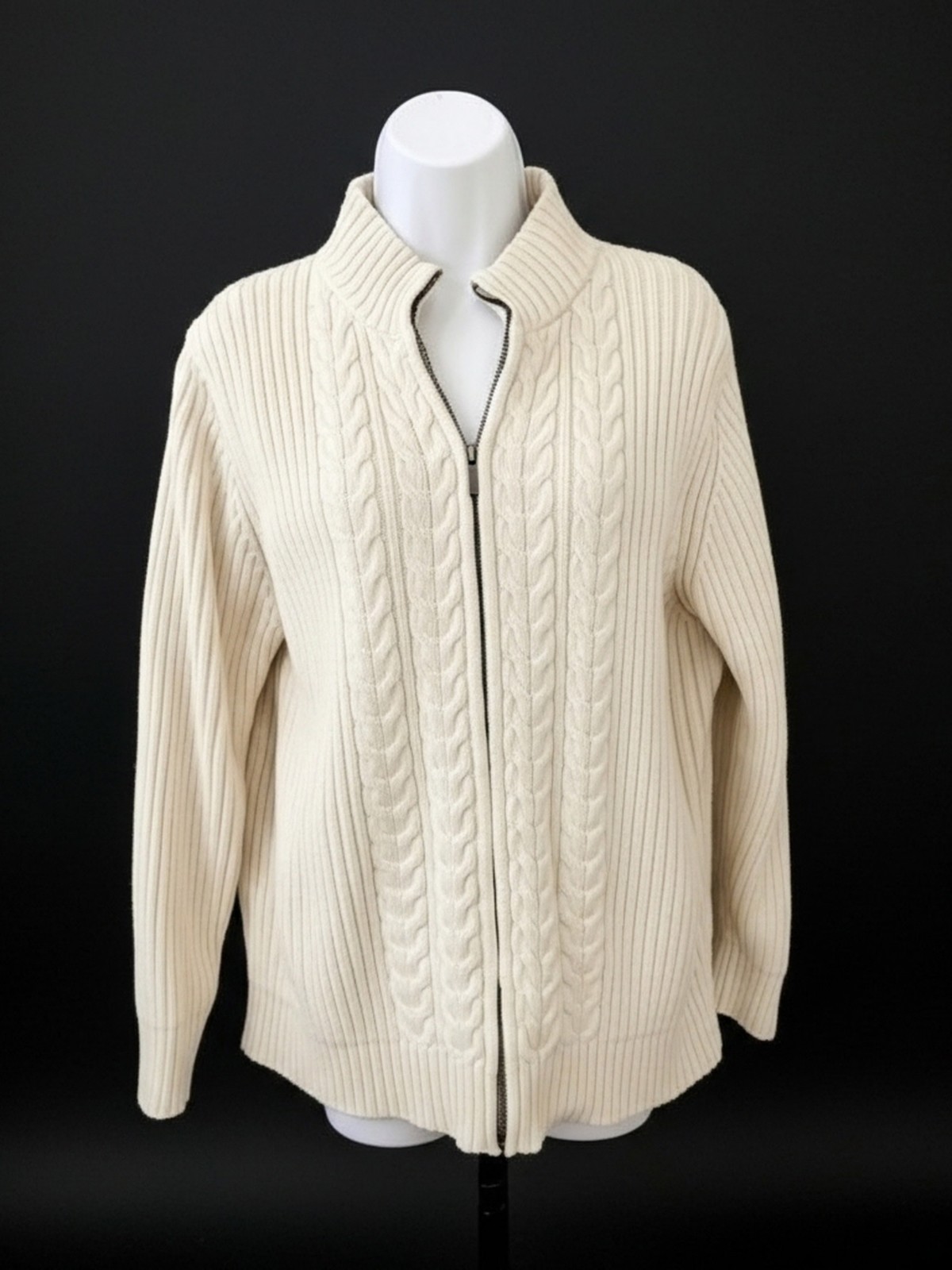 90s Lands End Cable Knit Full Zip Sweater Women’s 100% Cotton Sz 1X Beige