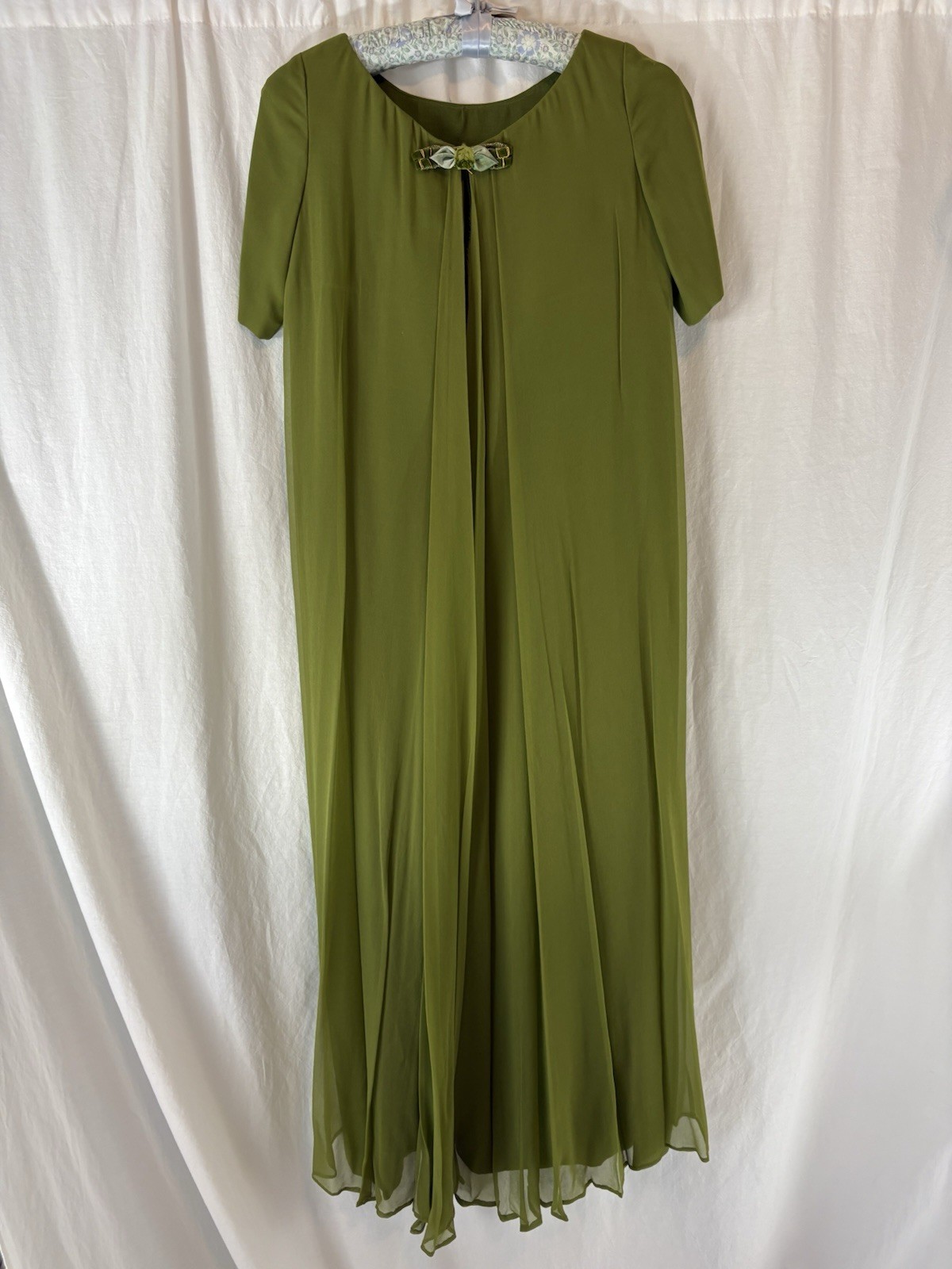 Vintage Chiffon Olive Green Empire Waist Dress With Ribbon Accents *READ