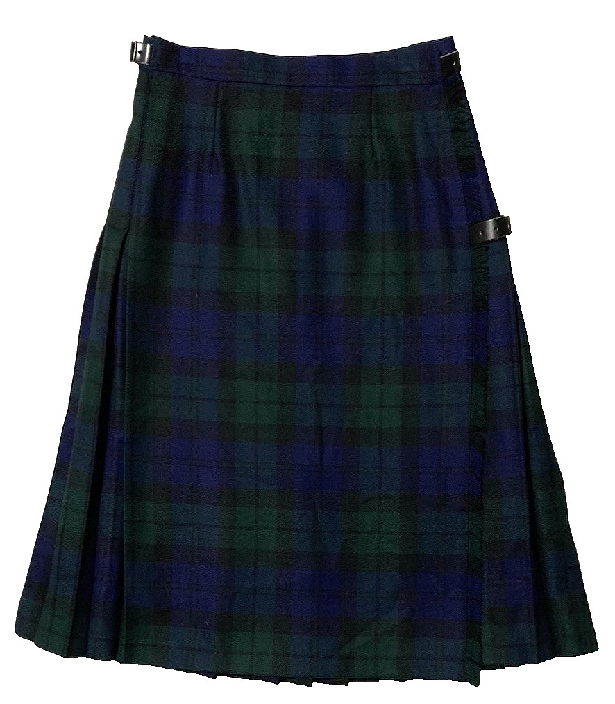 Vintage Wrap Skirt Scotland Academia Pleats Blue Green Plaid Buckle Wool Small