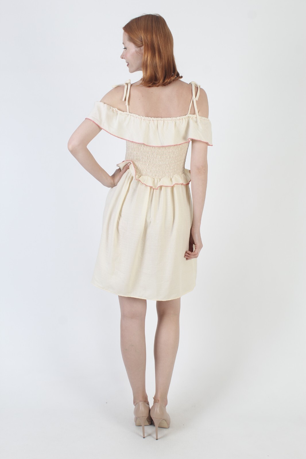 Vtg 70s Shoulder Tie Smocked Mini Dress Ruffle Capelet Unicolor Boho Sundress