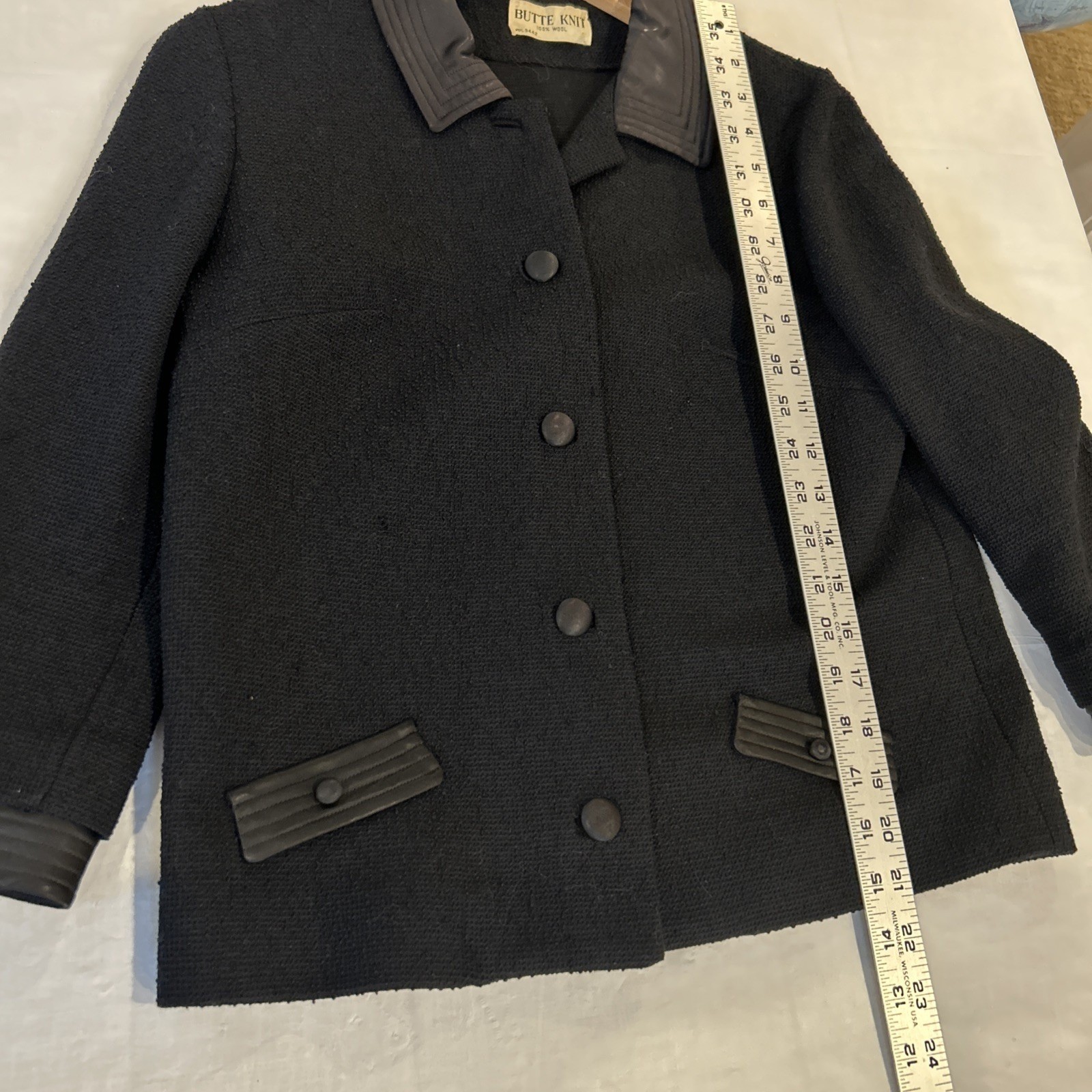 Butte Knit Wool Jacket Womens Medium Black Leather Trim Vintage Mid-Century 60s