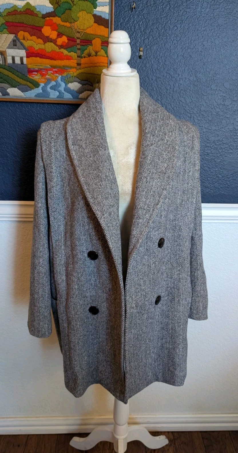 VTG Herman Kay Gray Black Tweed Herringbone Wool Pea Coat Overcoat Sz Large L