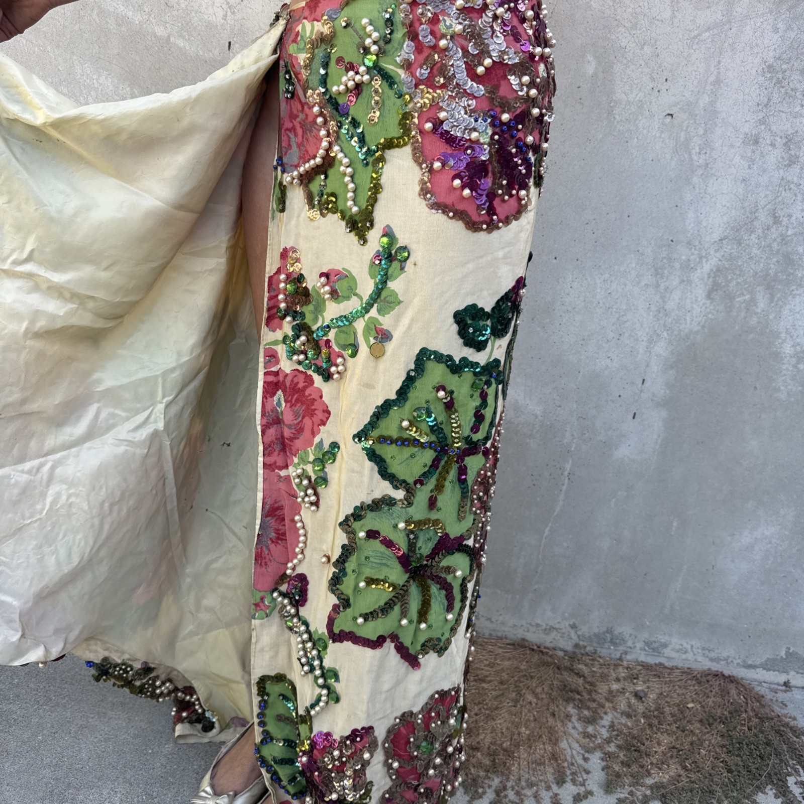 Vintage 1930s Painted Skirt Rhinestones Beading Pearls Flower Showgirl Burlesque