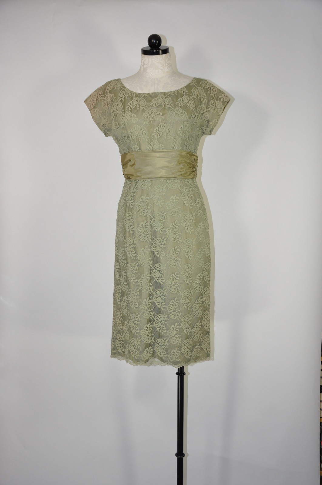 60s Vintage Sage Green Floral Lace Midi Sheath Wiggle Cocktail Dress Women XS S