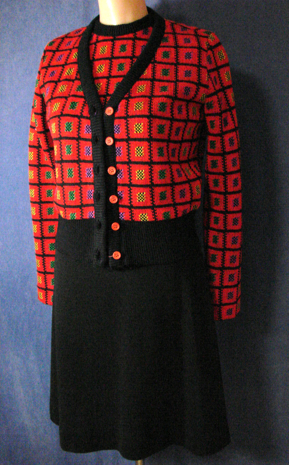 VTG 70s 2 pc Dress Jacket Set Suit RED CHECK VGC XS S Sweater Knit Poly Alfreda