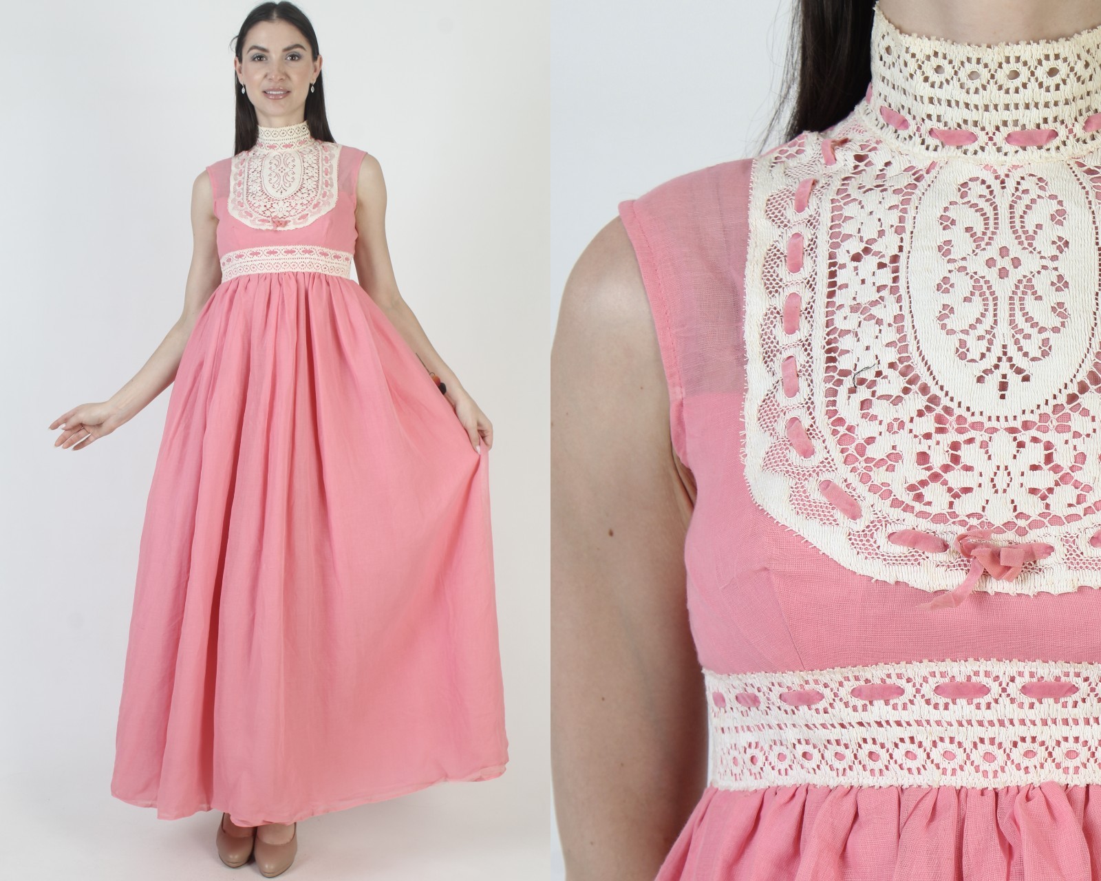 Vtg 70s Pink Prairie Dress High Waist Crochet Lace Victorian Boho Wedding Gown