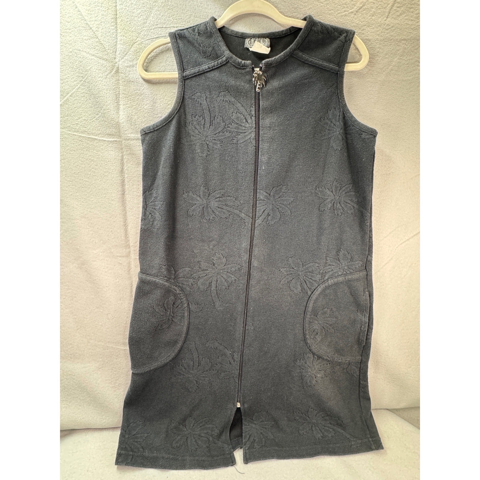 Whimsy Beach Vintage Coastal Knit Zip Up Tunic Women M Black Palm Tree Jacquard