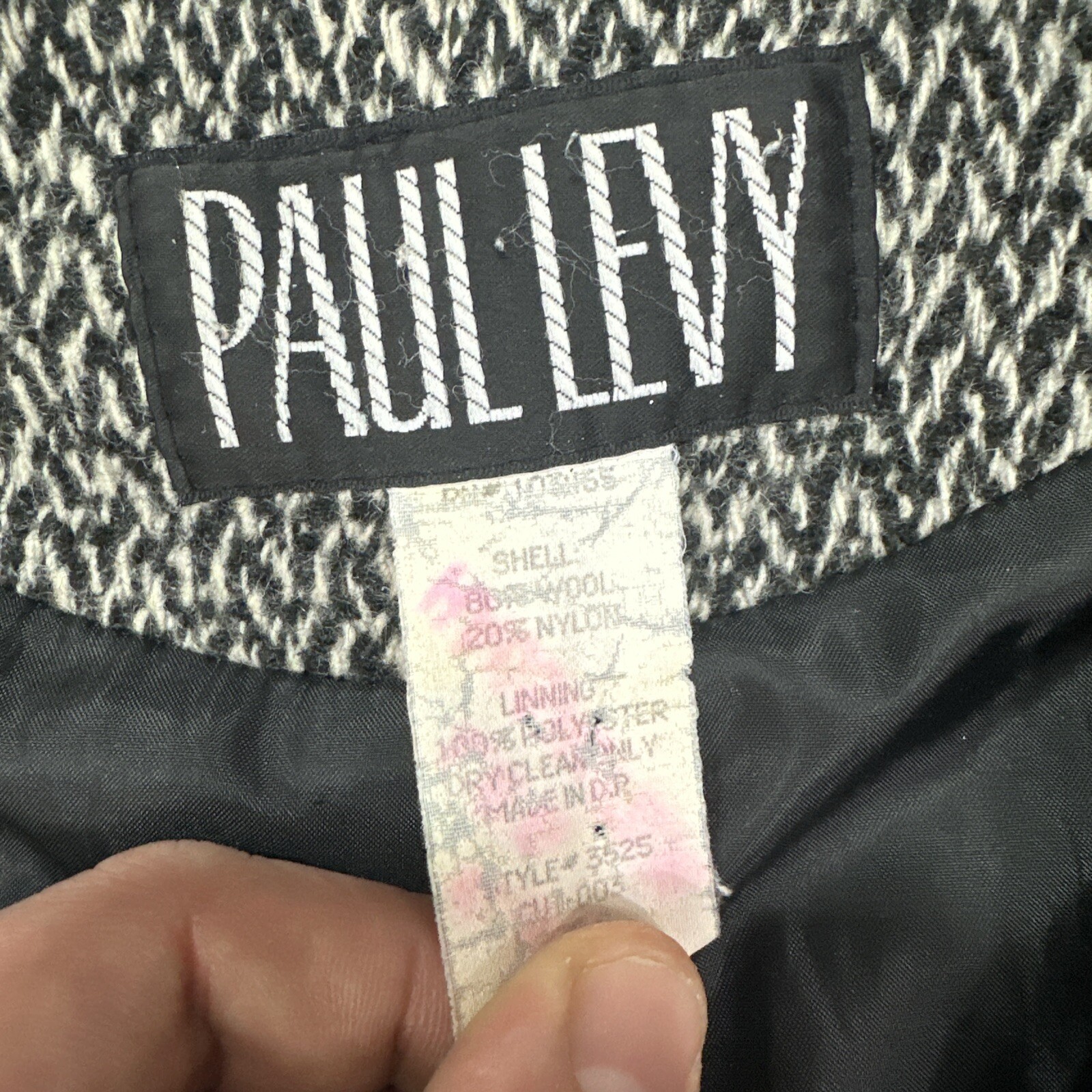 Vintage Paul Levy Wool Hooded Jacket Coat Full Zip Grey Black Herringbone Small