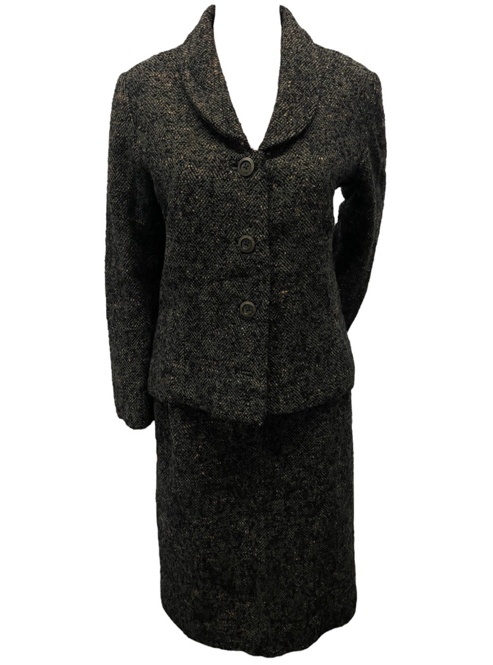 VTG 1940s Dark Green Donegal Tweed Wool Classic Tailored Skirt Suit Set M