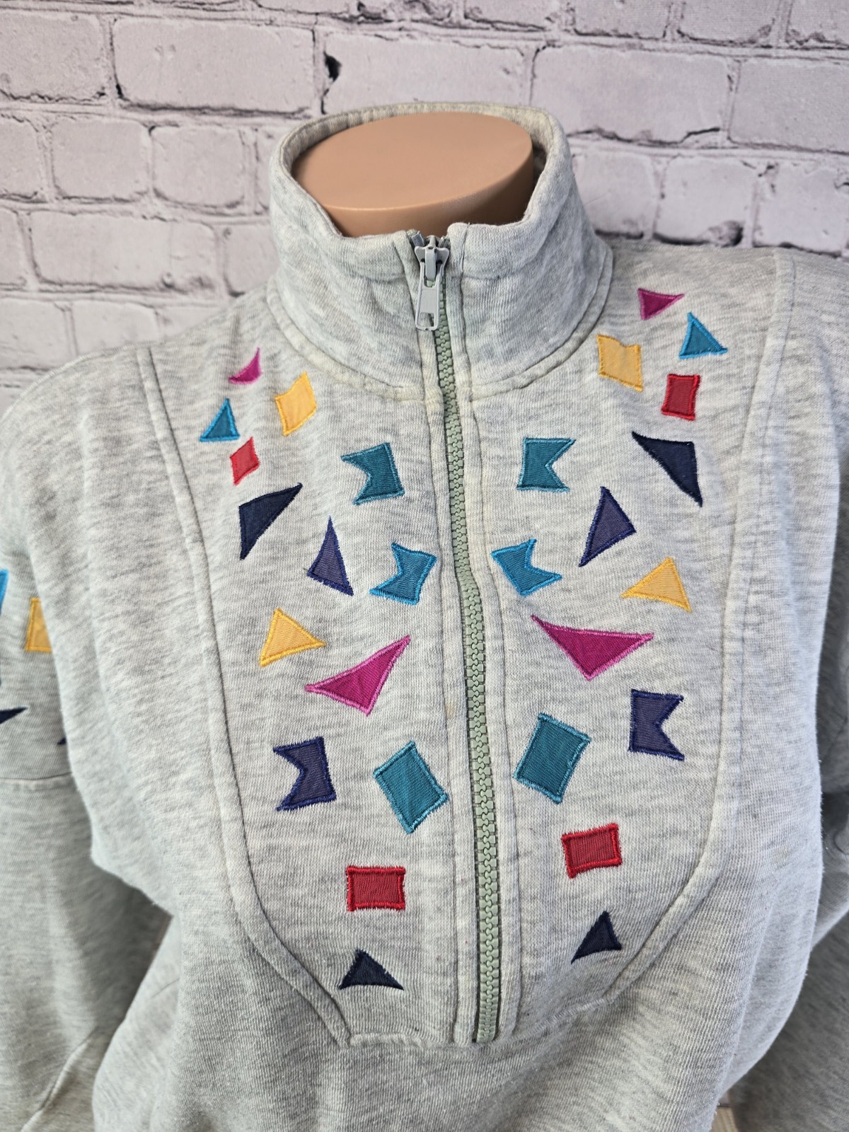 Vintage Chinawear Morsly M Gray Aztec Geometric Retro Zip Sweatshirt READ SPOTS
