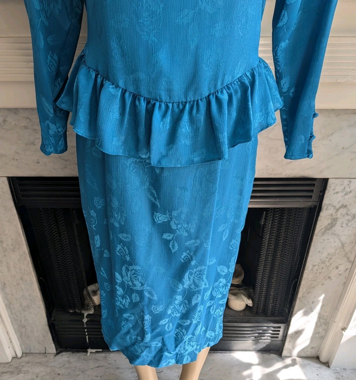 Vintage 80s Blue Teal Peplum Midi Dress Size 12 Floral Jacquard Drop Waist