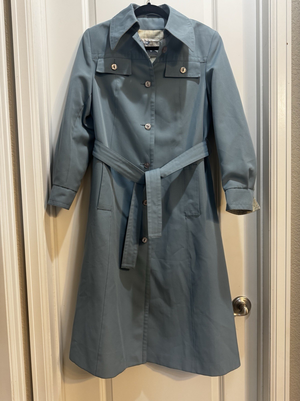 Vintage AstorOne Blue Woven Polyester Belted Trench Coat Size 12 Lined Pockets
