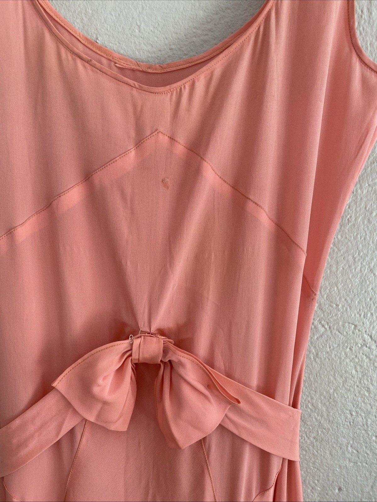 Vintage 20s 30s Pink Silk Crepe Party Dress Minimalist Deco Seams Bow Belt XS S