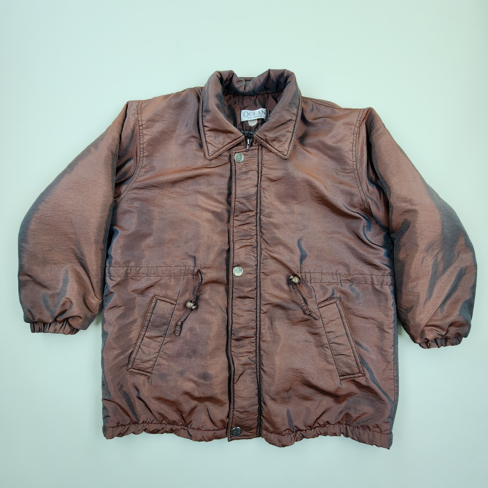 Vintage 80s 90s Iridescent Puffer Jacket Coat Brown Bronze Shiny Metallic