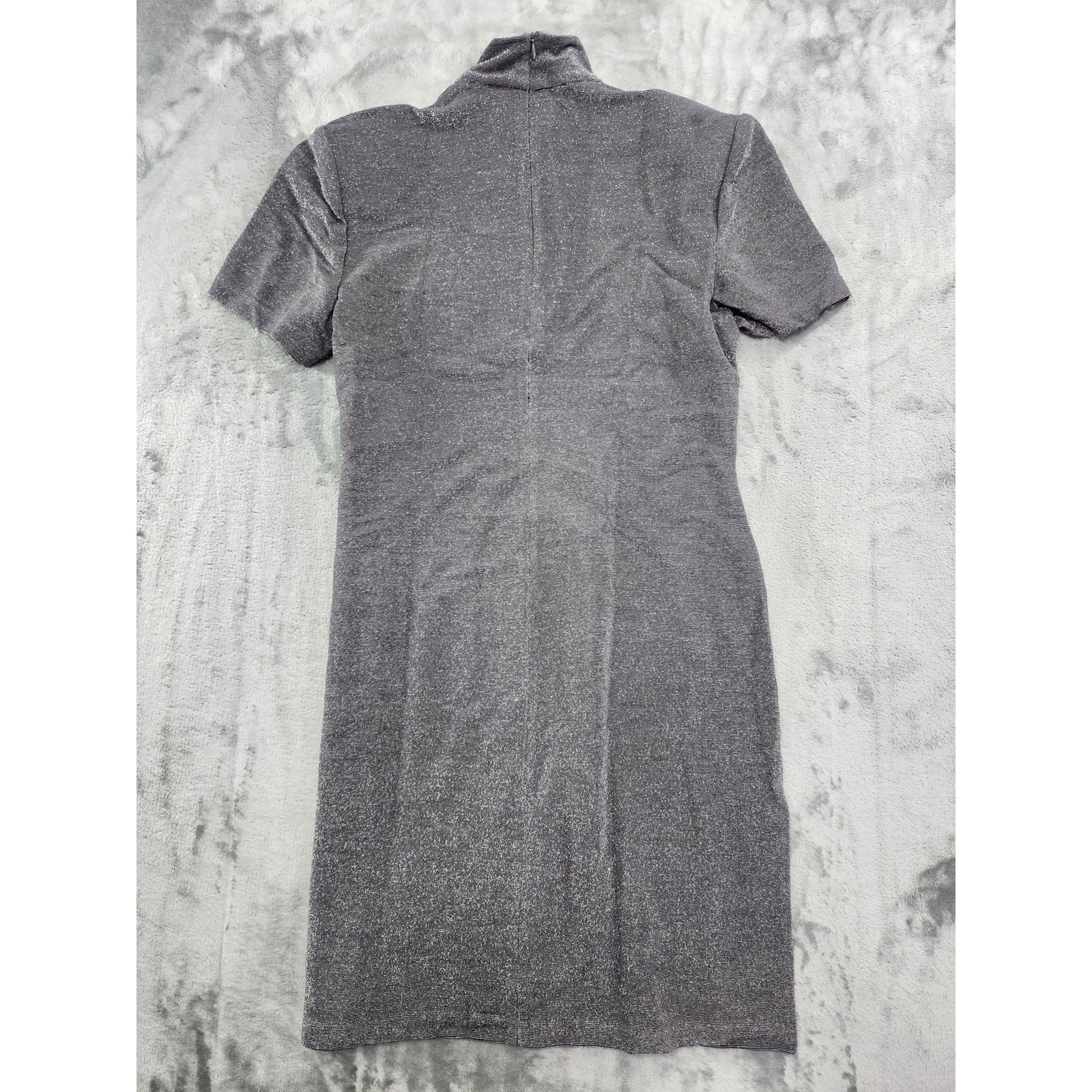 Vintage K.C. Spencer Dress Womens M Silver Metallic Mock Neck Short Sleeve Zip