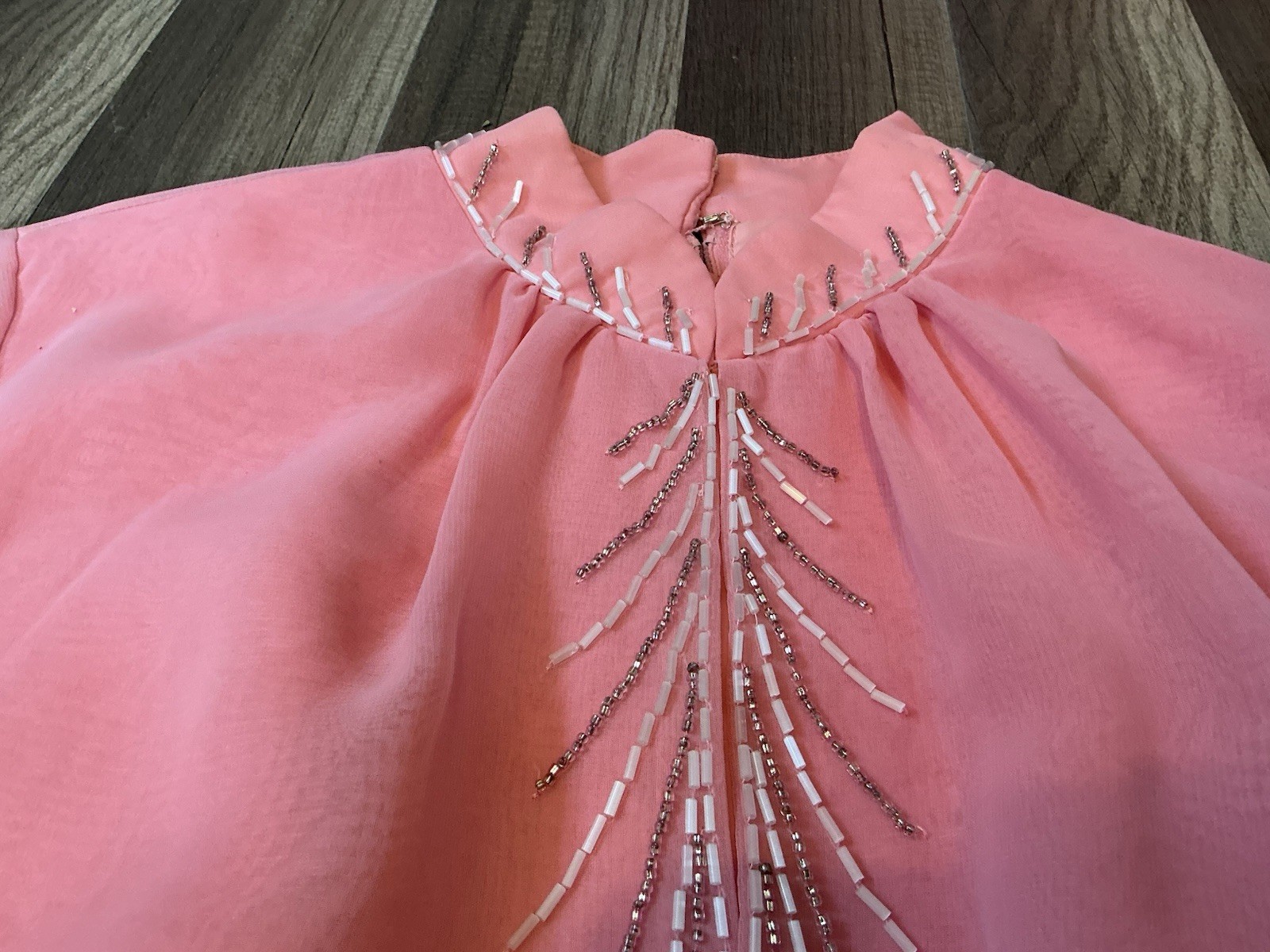VTG 70’s Elgin Maxi Gown Dress Pink Chiffon Beadwork 5 Victorian Regencycore USA
