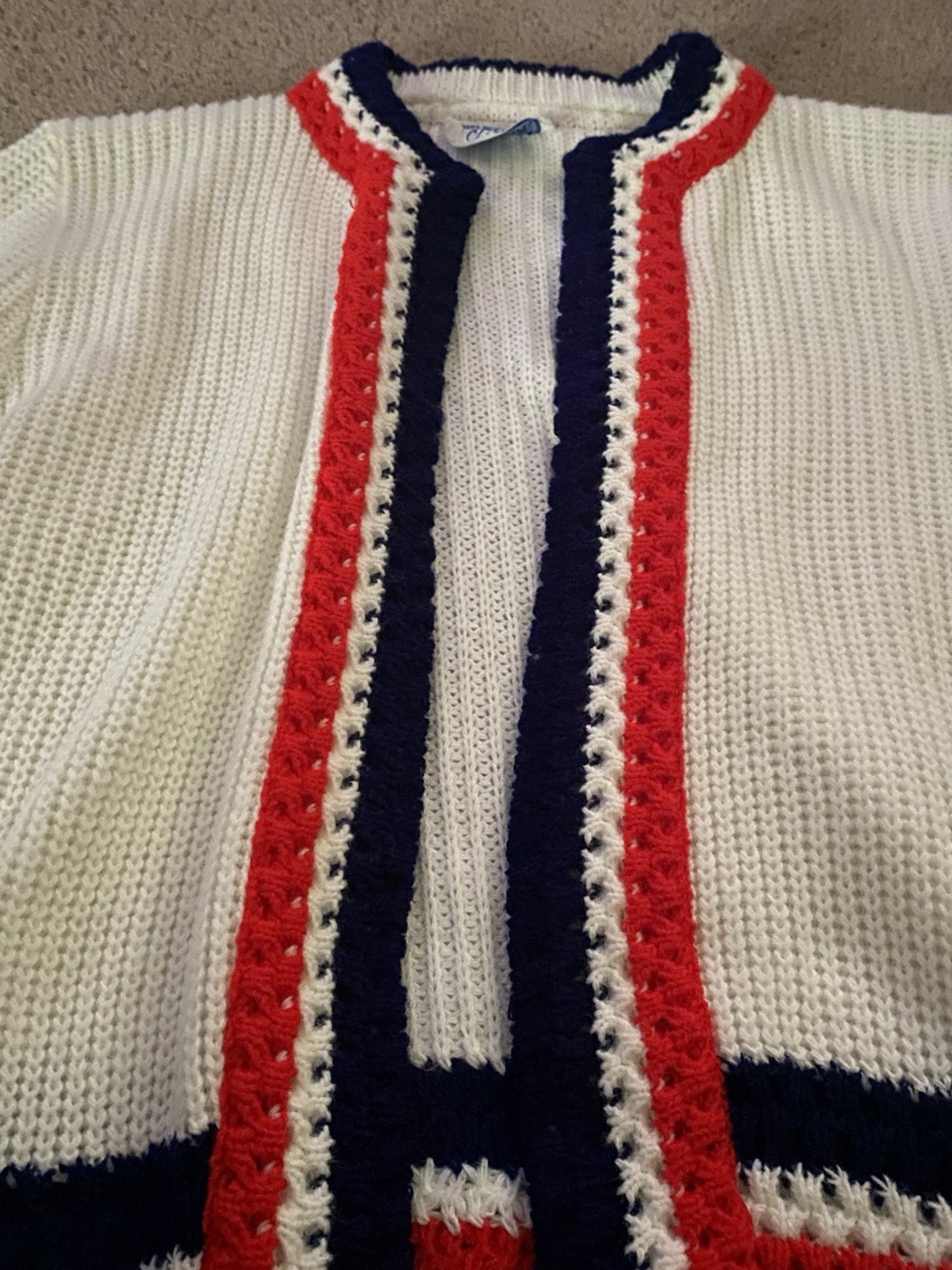 Orlon Acrylic Vintage White Knit Cardigan with Red & Blue Stripe Trim