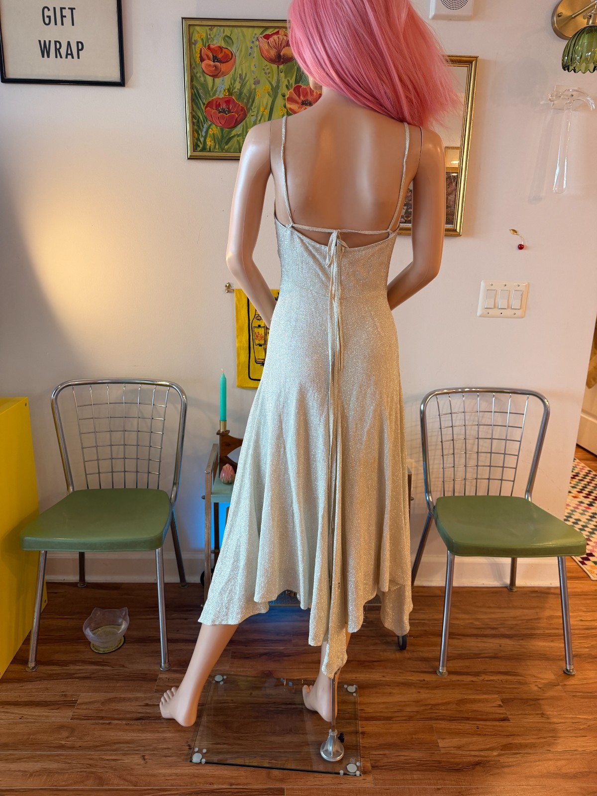 🪩 Vtg 70s Jody Silver Lurex Disco Dress Metallic Knit Asymmetrical Hem S M