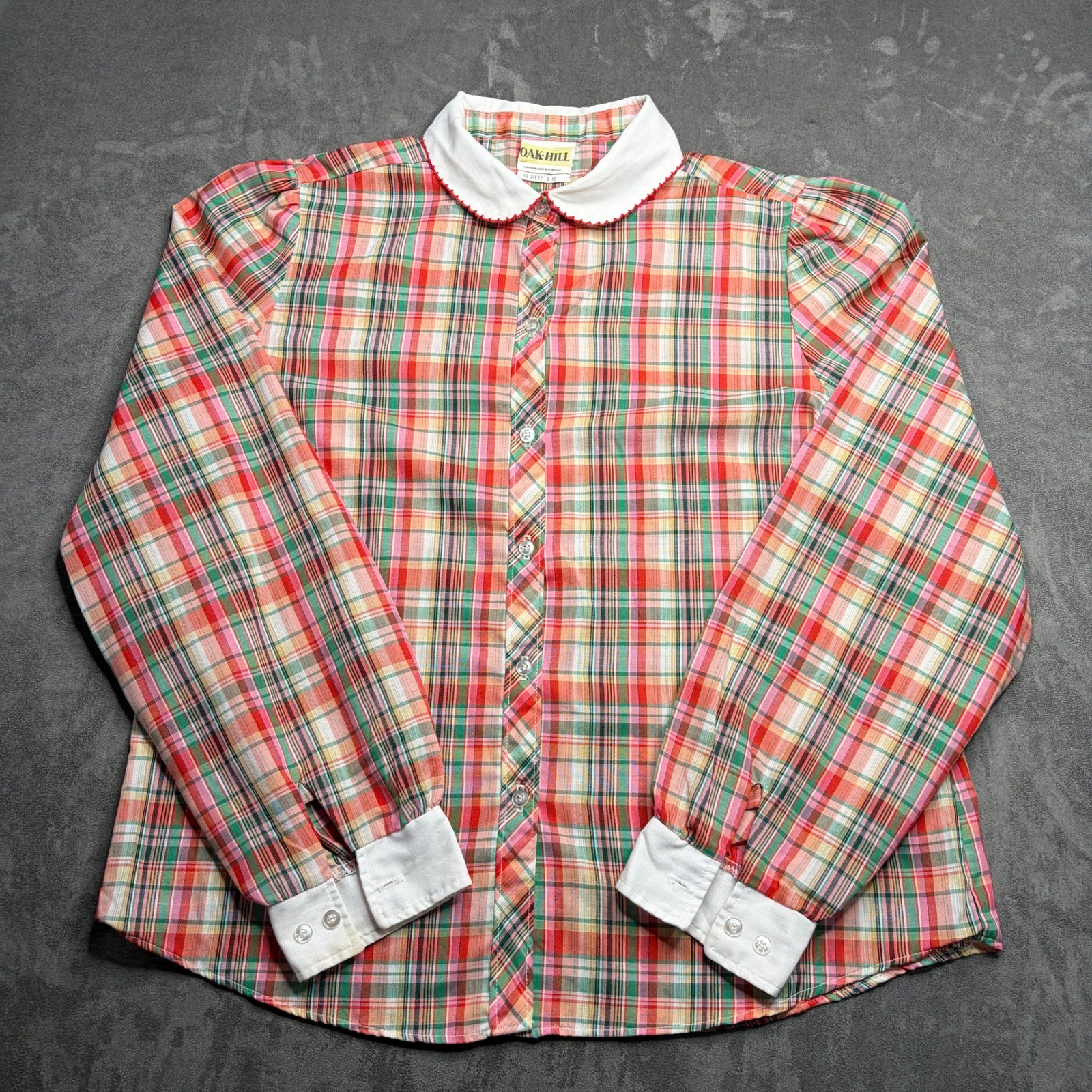 Oak Hill Plaid Blouse Women 18 Red Pink Scalloped Peter Pan Collar Puff Sleeve