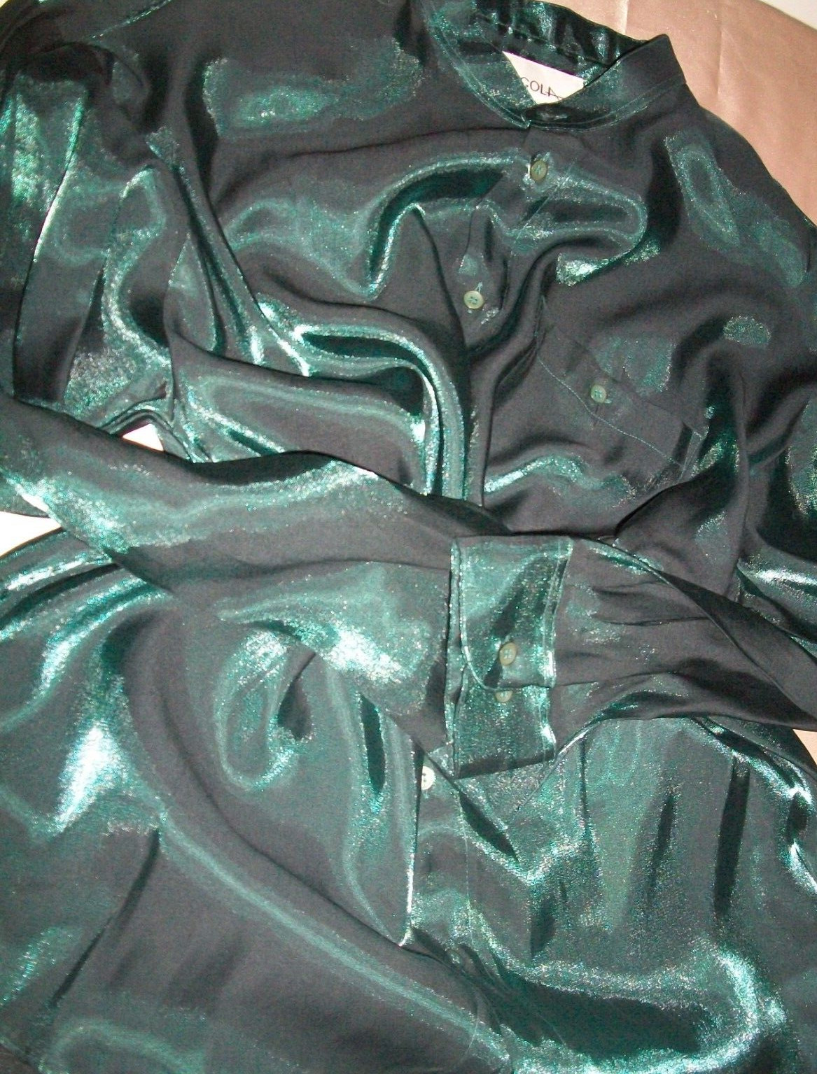 Vtg Green Rayon Button Blouse Shirt Top L